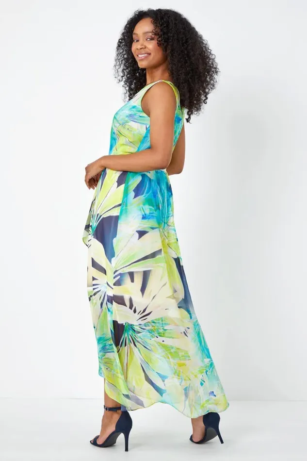 Women Lime Petite Sleeveless Floral Chiffon Maxi Dress Roman Dresses