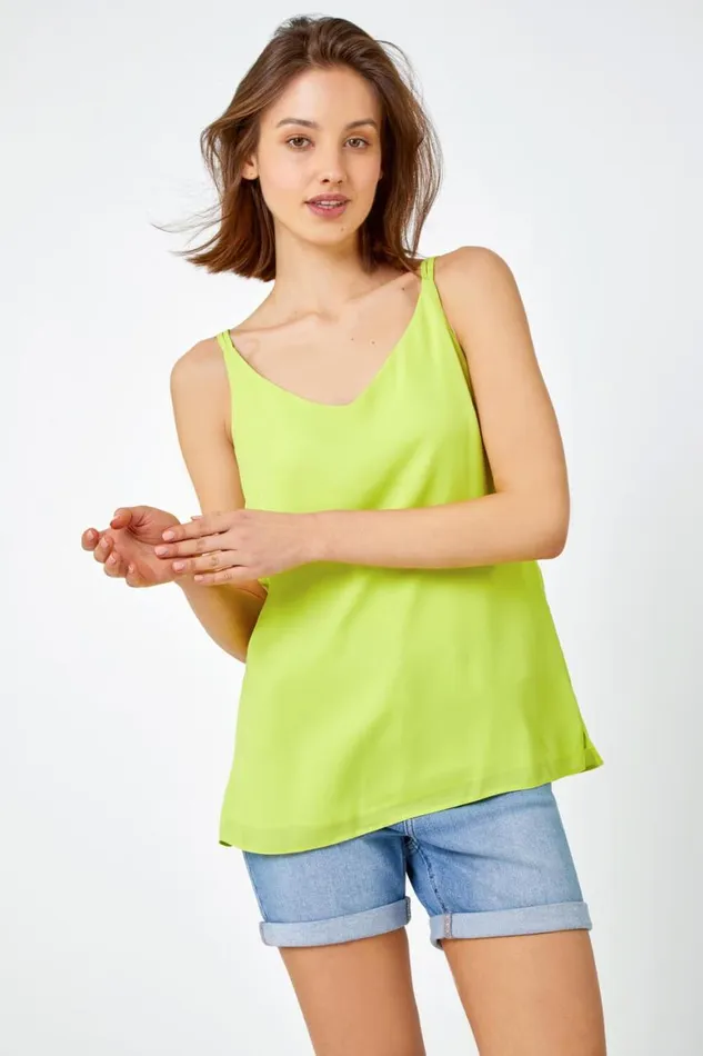 Women Lime Sleeveless Cross Back VNeck Chiffon Cami Roman Tops