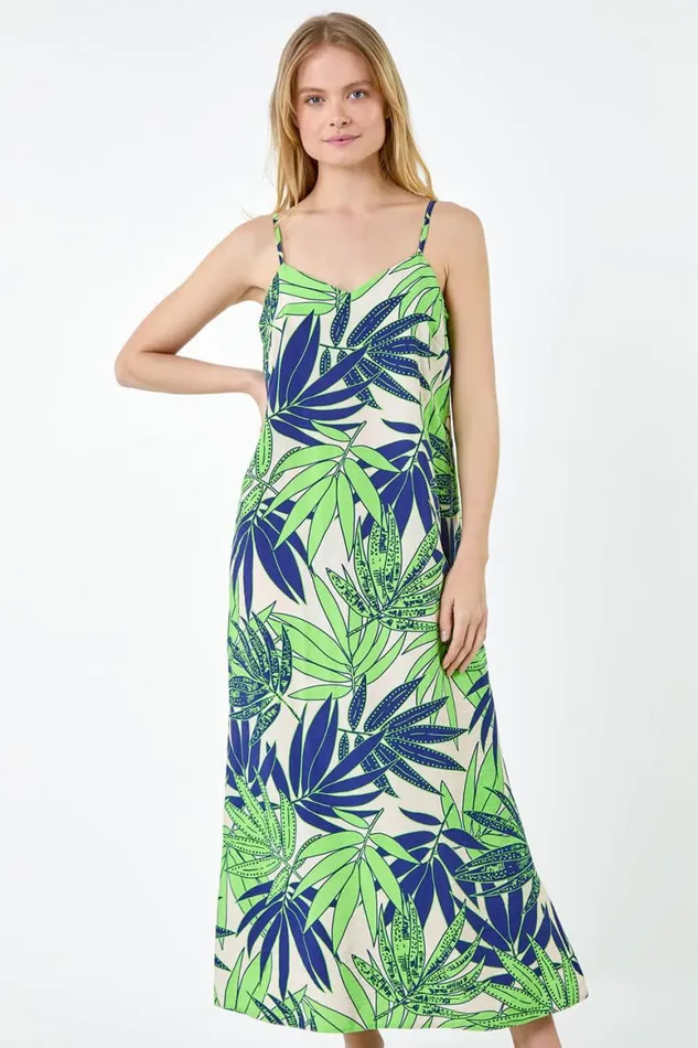 Women Lime Tropical Palm Print Midi Dress Roman Dresses