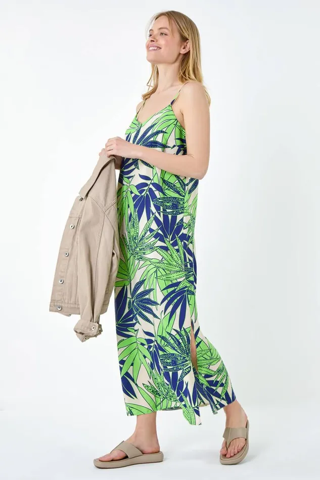 Women Lime Tropical Palm Print Midi Dress Roman Dresses