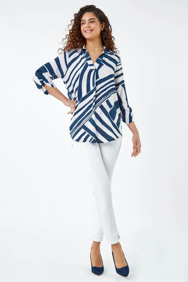 Women Linear Print VNeck Pleat Front Tunic Top Roman Tops