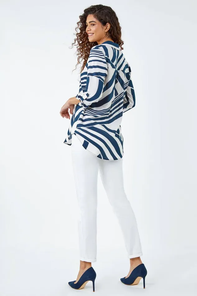 Women Linear Print VNeck Pleat Front Tunic Top Roman Tops