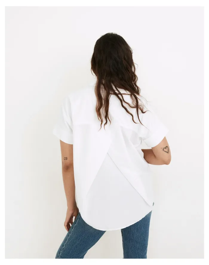 Women Linen Blend Courier Pleat Back Shirt Eyelet White Madewell Tops and Shirts Women Linen Blend Courier Pleat Back Shirt Eyelet White Madewell Tops and Shirts