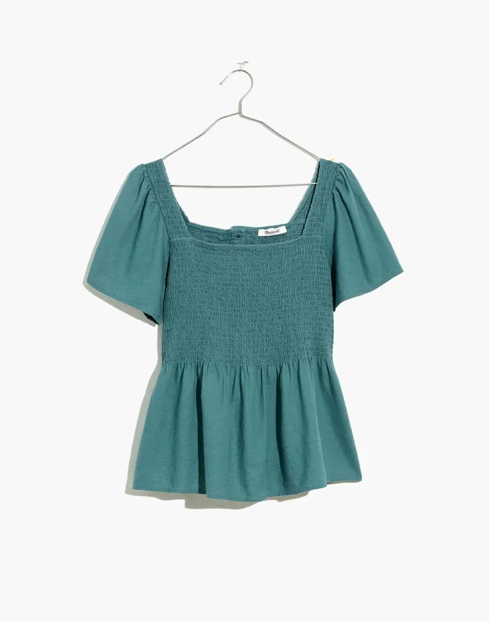 Women Linen Blend Kate Smocked Top Faded Shale Madewell Tops and Shirts