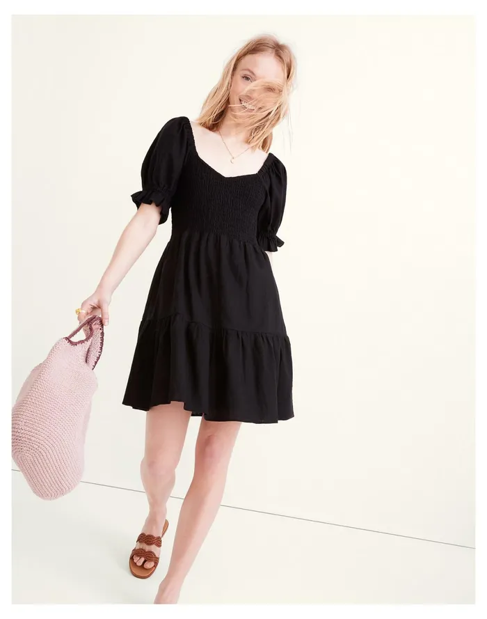 Women Linen Blend Lucie Smocked Mini Dress True Black Madewell Dresses