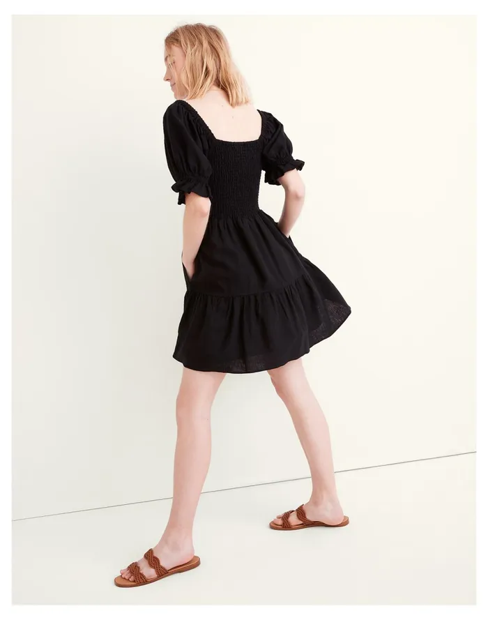 Women Linen Blend Lucie Smocked Mini Dress True Black Madewell Dresses Women Linen Blend Lucie Smocked Mini Dress True Black Madewell Dresses