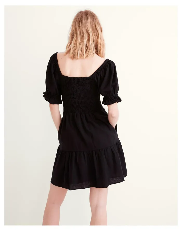 Women Linen Blend Lucie Smocked Mini Dress True Black Madewell Dresses Women Linen Blend Lucie Smocked Mini Dress True Black Madewell Dresses