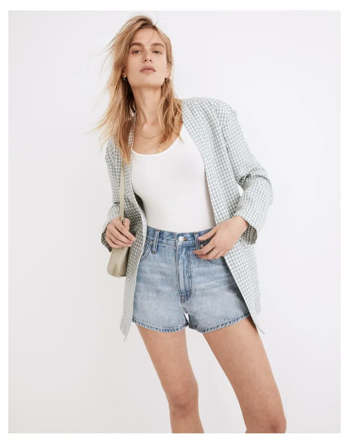 Women Linen Collarless Blazer In Gingham Check Blue Horizon Madewell Jackets