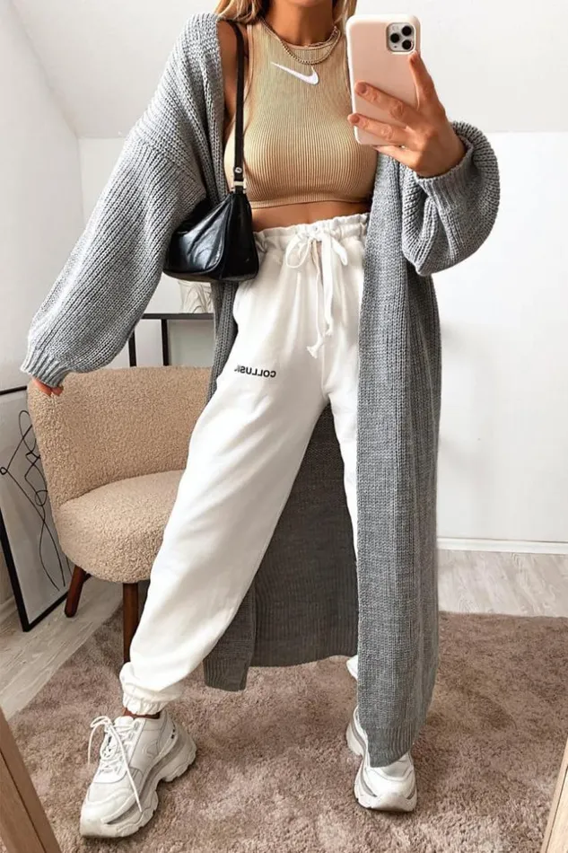 Women Long Open Knitted Cardigan In Grey Grey Brentiny Paris Cardigans