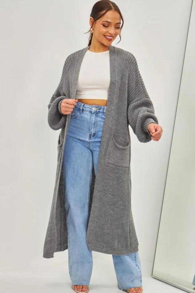 Women Long Open Knitted Cardigan In Grey Grey Brentiny Paris Cardigans