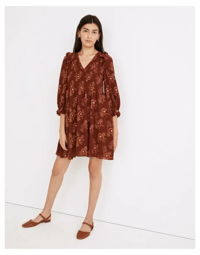 Women Lucie V Neck Smocked Mini Dress In Letterpress Floral Stained Mahogany Madewell Dresses Women Lucie V Neck Smocked Mini Dress In Letterpress Floral Stained Mahogany Madewell Dresses