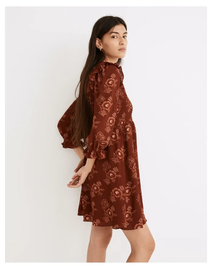 Women Lucie V Neck Smocked Mini Dress In Letterpress Floral Stained Mahogany Madewell Dresses Women Lucie V Neck Smocked Mini Dress In Letterpress Floral Stained Mahogany Madewell Dresses