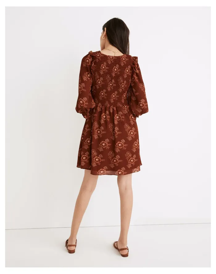 Women Lucie V Neck Smocked Mini Dress In Letterpress Floral Stained Mahogany Madewell Dresses Women Lucie V Neck Smocked Mini Dress In Letterpress Floral Stained Mahogany Madewell Dresses