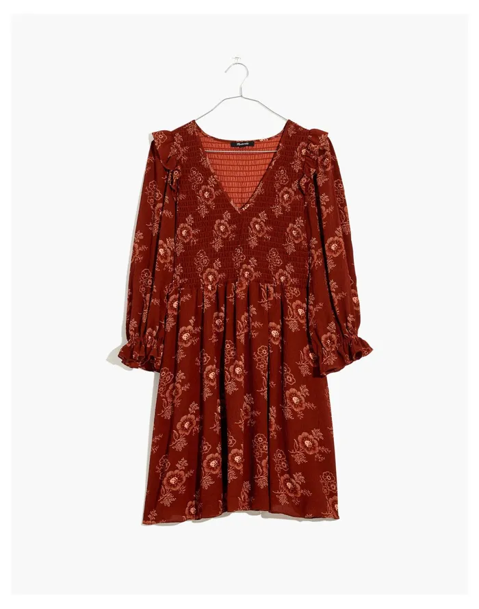 Women Lucie V Neck Smocked Mini Dress In Letterpress Floral Stained Mahogany Madewell Dresses Women Lucie V Neck Smocked Mini Dress In Letterpress Floral Stained Mahogany Madewell Dresses