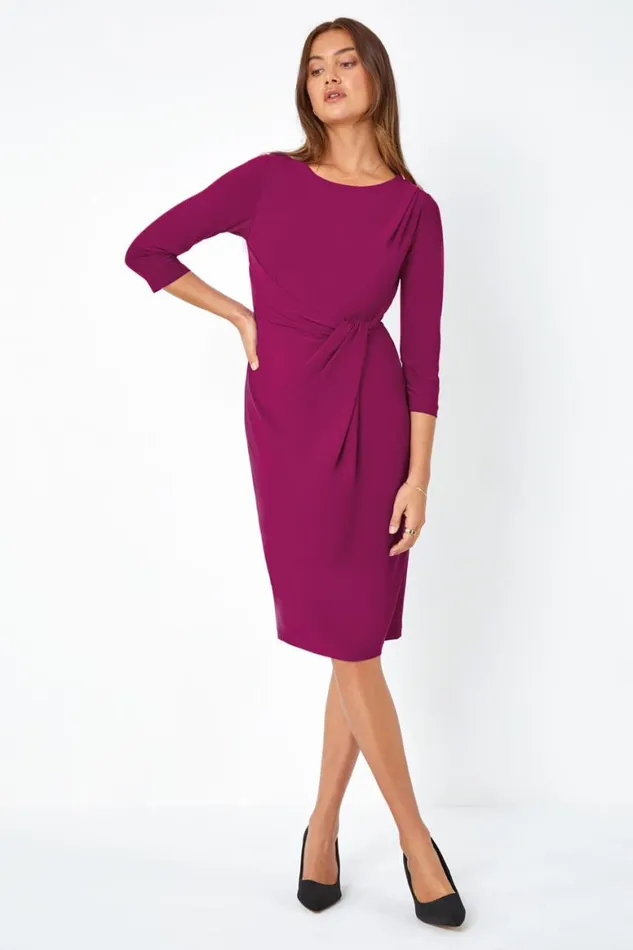 Women Magenta 34 Sleeve Twist Waist Dress Roman Dresses