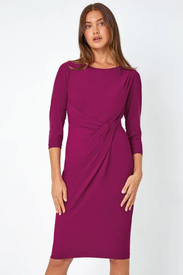 Women Magenta 34 Sleeve Twist Waist Dress Roman Dresses