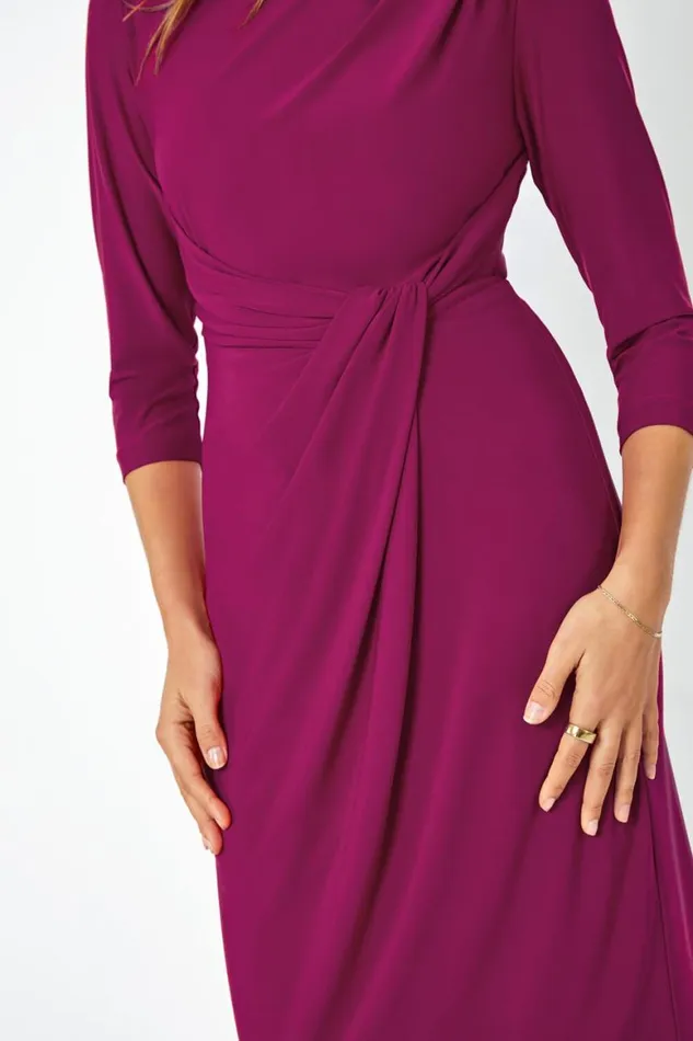 Women Magenta 34 Sleeve Twist Waist Dress Roman Dresses
