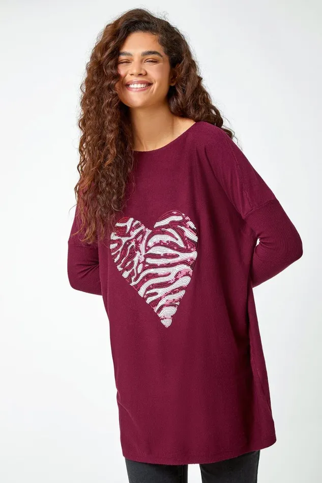 Women Magenta Embellished Heart Print Lounge Jumper Roman Knitwear