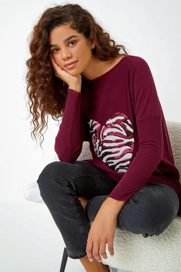 Women Magenta Embellished Heart Print Lounge Jumper Roman Knitwear