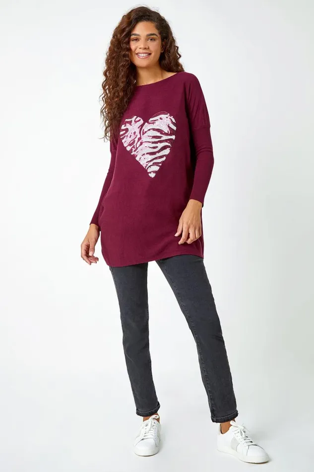 Women Magenta Embellished Heart Print Lounge Jumper Roman Knitwear