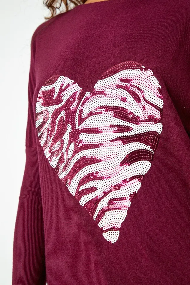 Women Magenta Embellished Heart Print Lounge Jumper Roman Knitwear