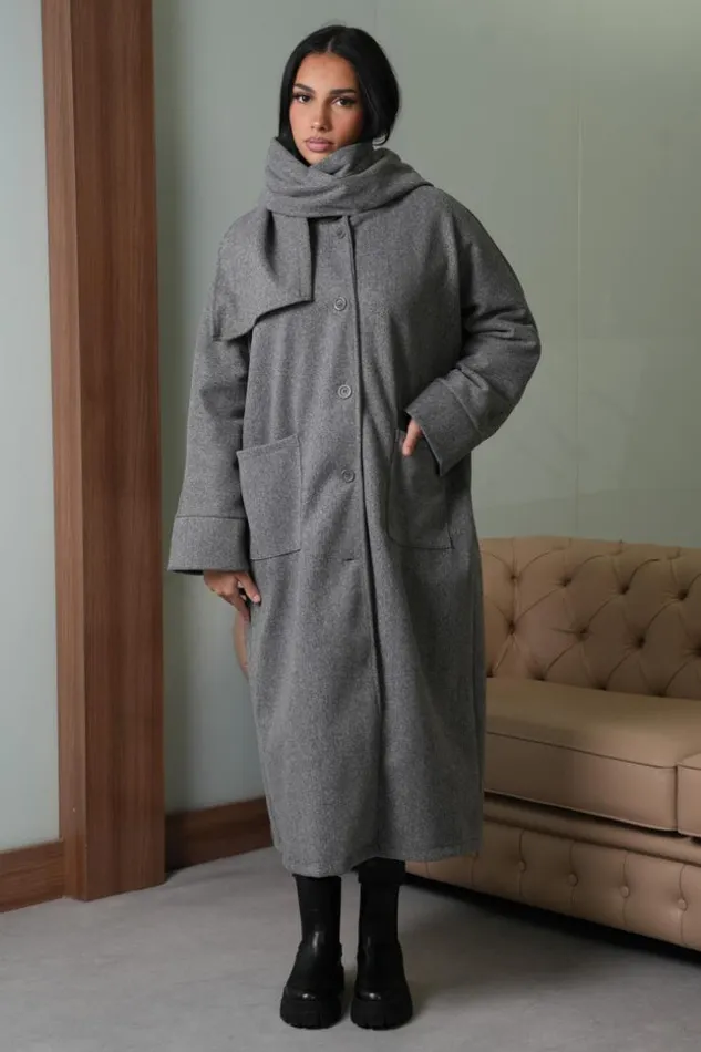 Women Manteau Gris Capuche Avec charpe Intgr Grey Brentiny Paris White Tops