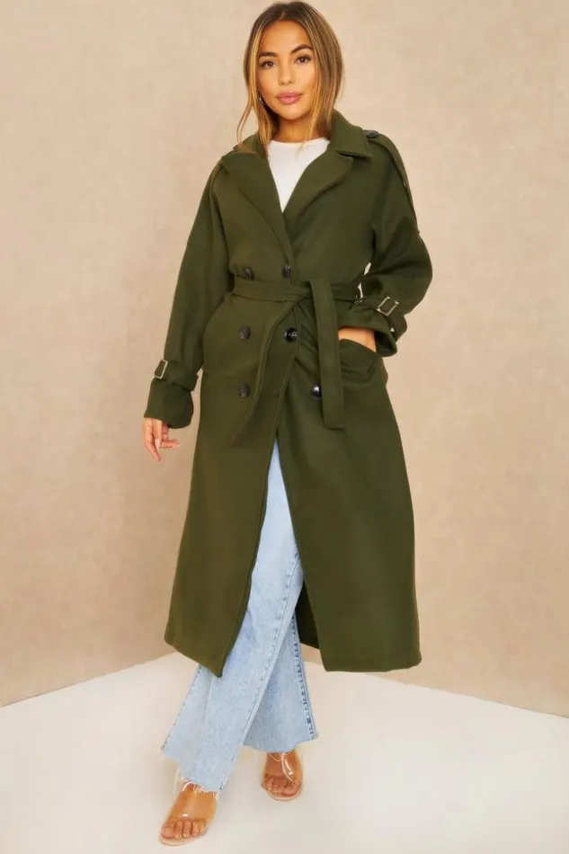 Women Manteau Long Duveteux Style Trench Kaki Khaki Brentiny Paris Coats