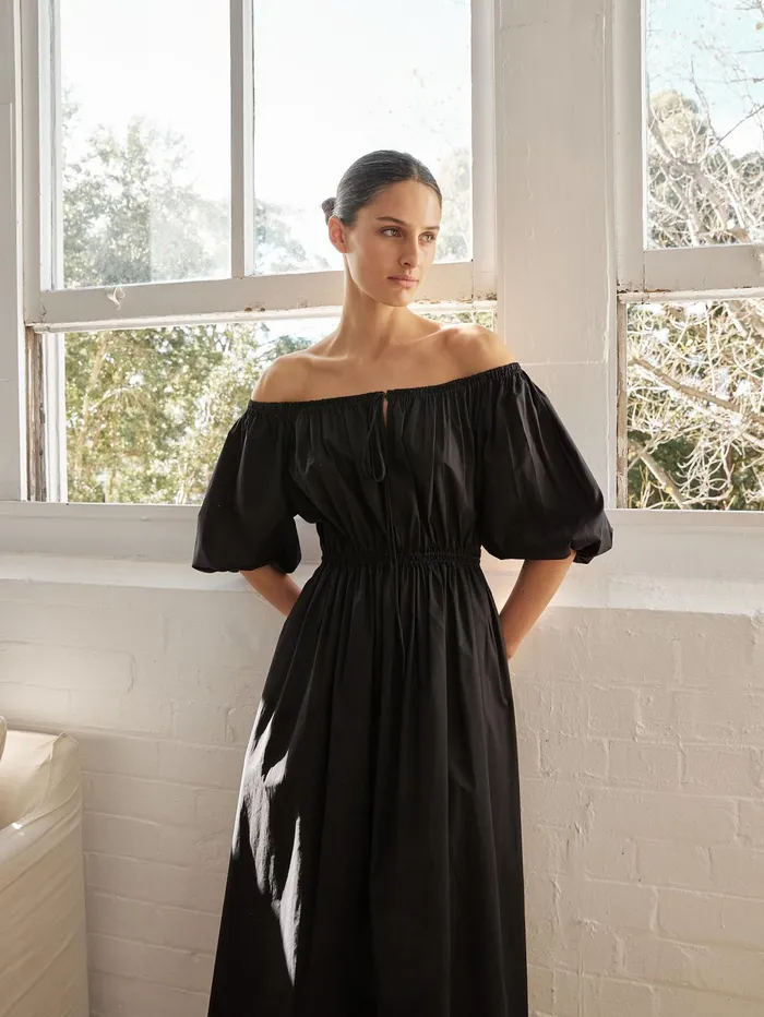 Women Matteau 8211 Off The Shoulder Midi Dress In Black The UNDONE Maternity