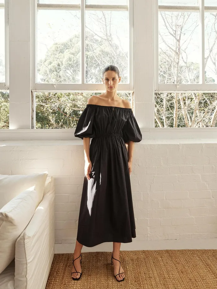 Women Matteau 8211 Off The Shoulder Midi Dress In Black The UNDONE Maternity
