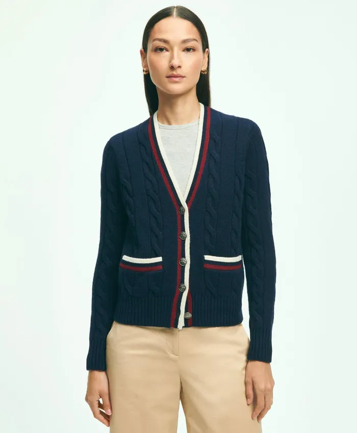 Women Merino Wool Cashmere Tennis Cardigan Navy Brooks Brothers Sweaters