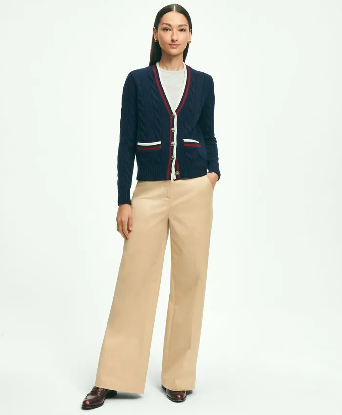 Women Merino Wool Cashmere Tennis Cardigan Navy Brooks Brothers Sweaters