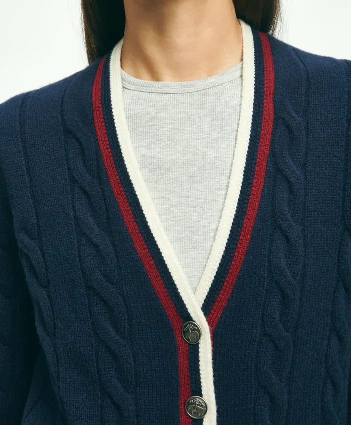 Women Merino Wool Cashmere Tennis Cardigan Navy Brooks Brothers Sweaters
