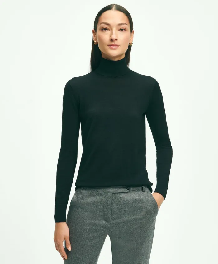 Women Merino Wool Turtleneck Black Brooks Brothers Sweaters