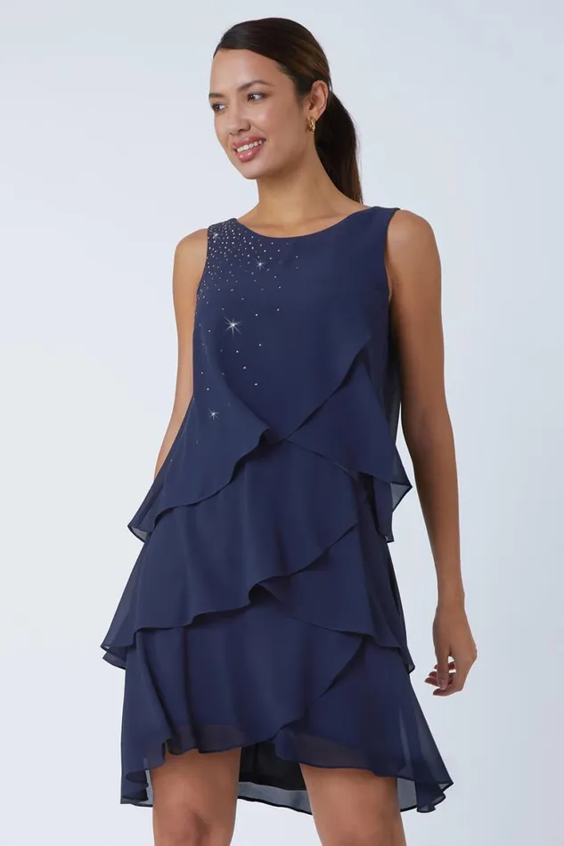 Women Midnight Blue Embellished Chiffon Frill Swing Dress Roman Dresses