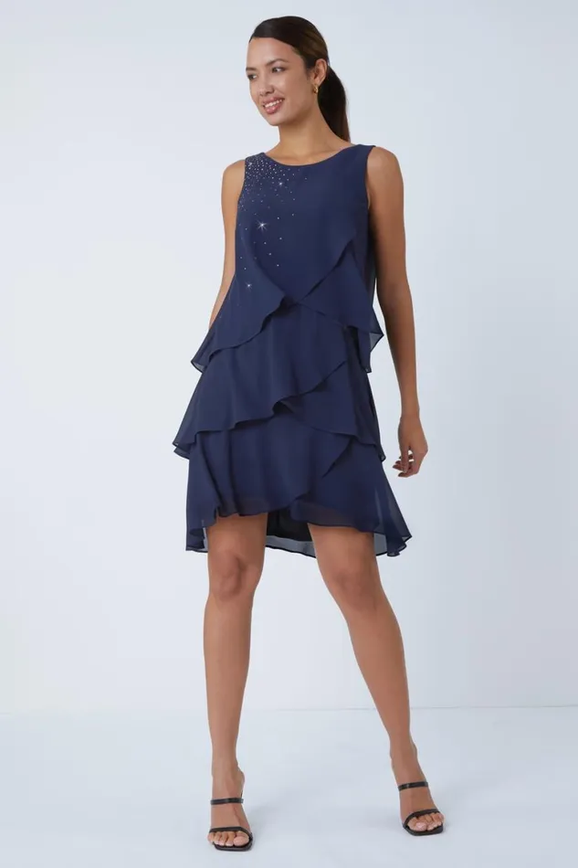 Women Midnight Blue Embellished Chiffon Frill Swing Dress Roman Dresses