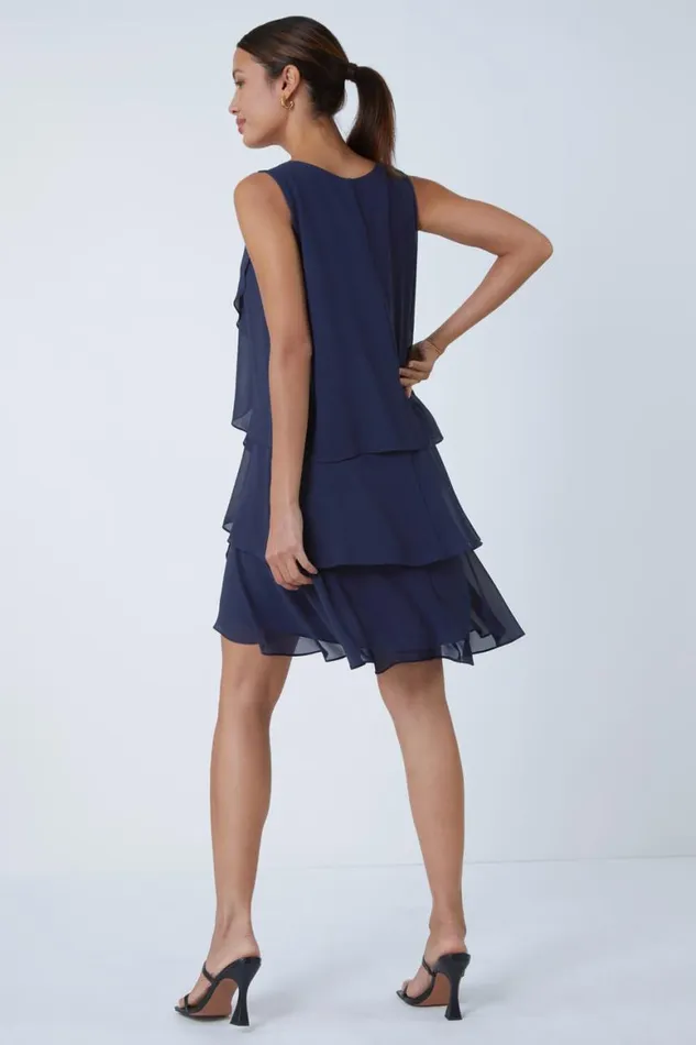 Women Midnight Blue Embellished Chiffon Frill Swing Dress Roman Dresses