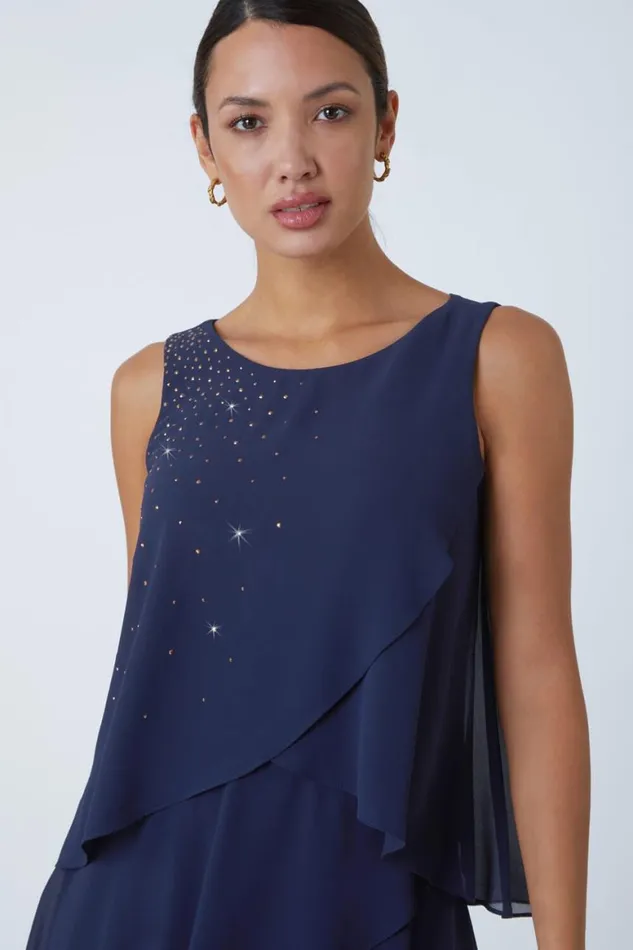Women Midnight Blue Embellished Chiffon Frill Swing Dress Roman Dresses