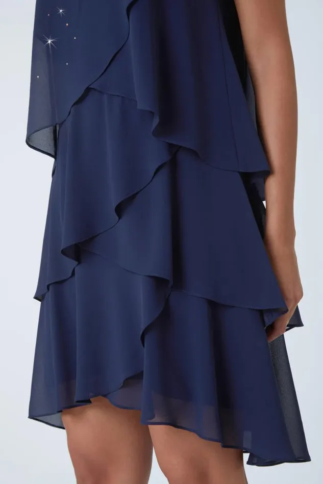 Women Midnight Blue Embellished Chiffon Frill Swing Dress Roman Dresses