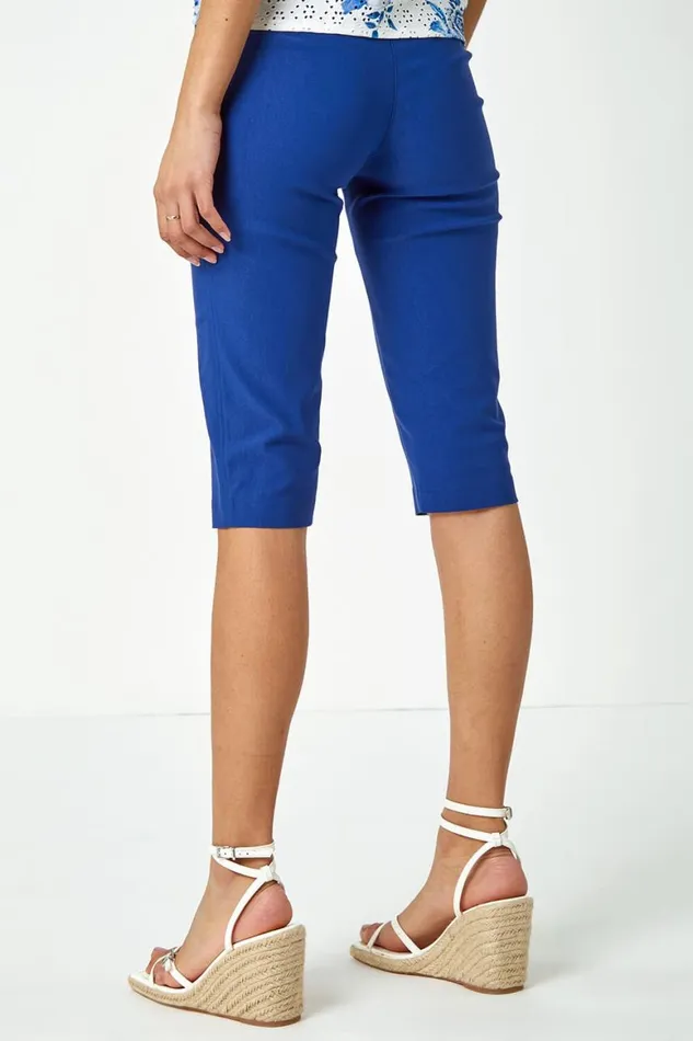 Women Midnight Blue Knee Length Elastic Waist Stretch Shorts Roman Trousers