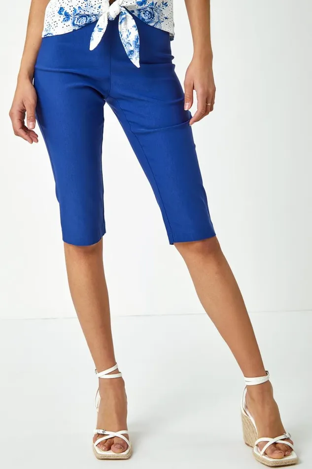 Women Midnight Blue Knee Length Elastic Waist Stretch Shorts Roman Trousers