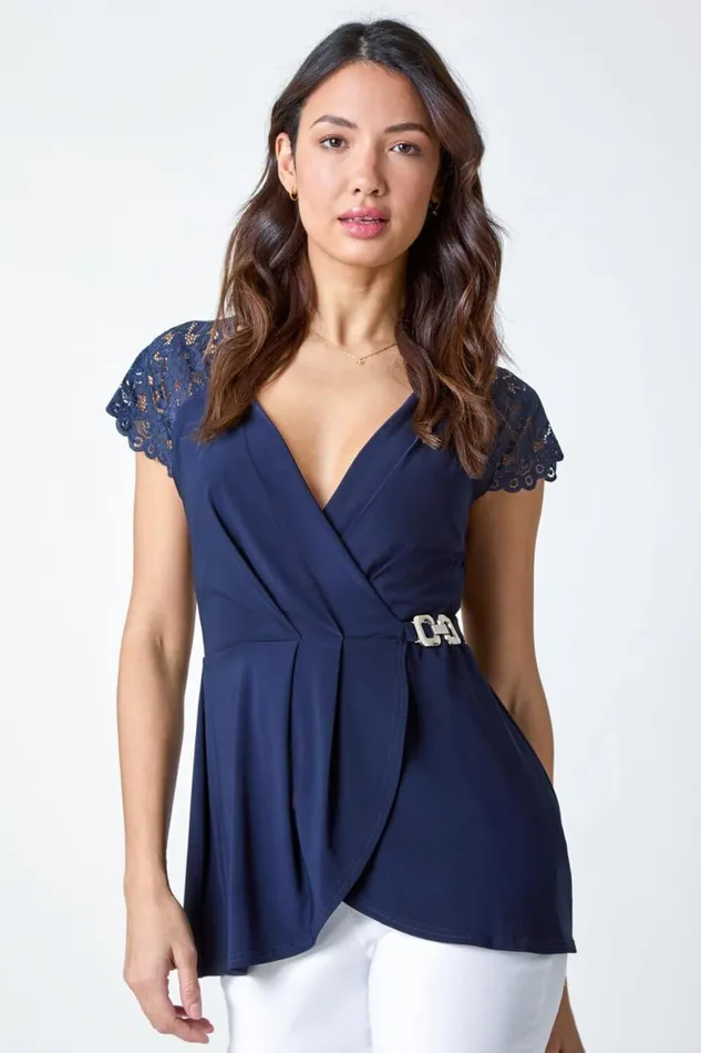 Women Midnight Blue Lace Trim Stretch VNeck Wrap Top Roman Tops