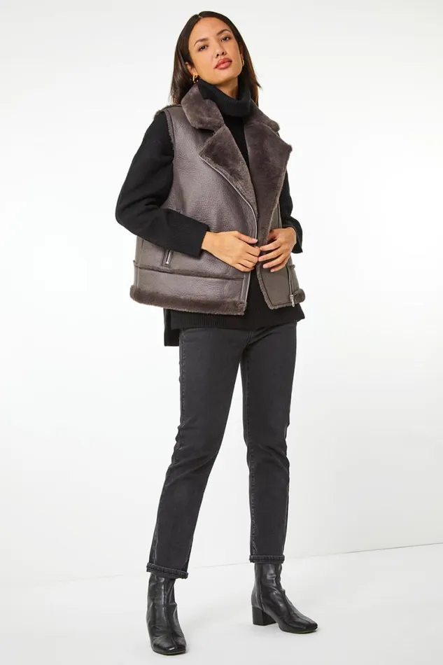 Women Mink Faux Fur Aviator Gilet Roman Coats