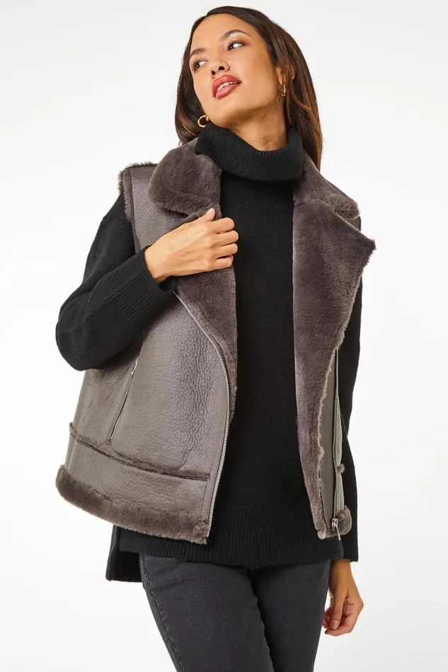 Women Mink Faux Fur Aviator Gilet Roman Coats