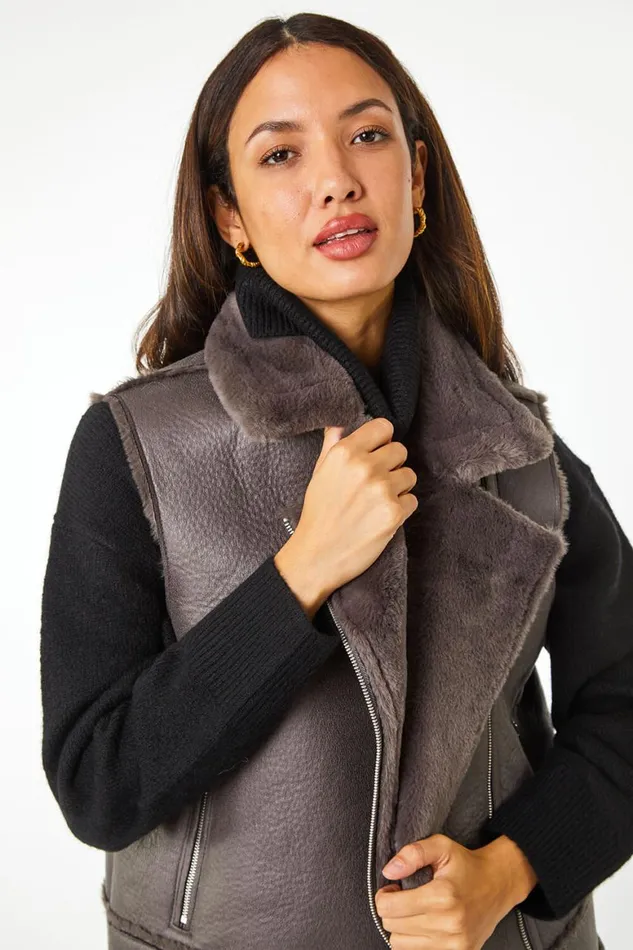Women Mink Faux Fur Aviator Gilet Roman Coats