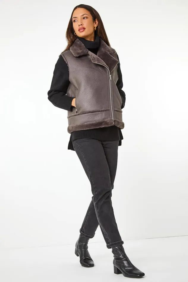 Women Mink Faux Fur Aviator Gilet Roman Coats
