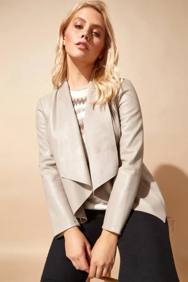 Women Mink Faux Leather Suedette Waterfall Jacket Roman Jackets
