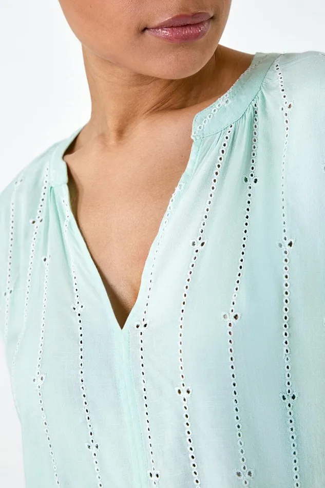 Women Mint Embroidered Stripe Notch Neck Top Roman Tops