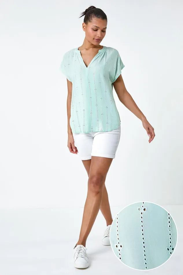 Women Mint Embroidered Stripe Notch Neck Top Roman Tops