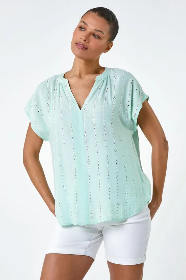 Women Mint Embroidered Stripe Notch Neck Top Roman Tops