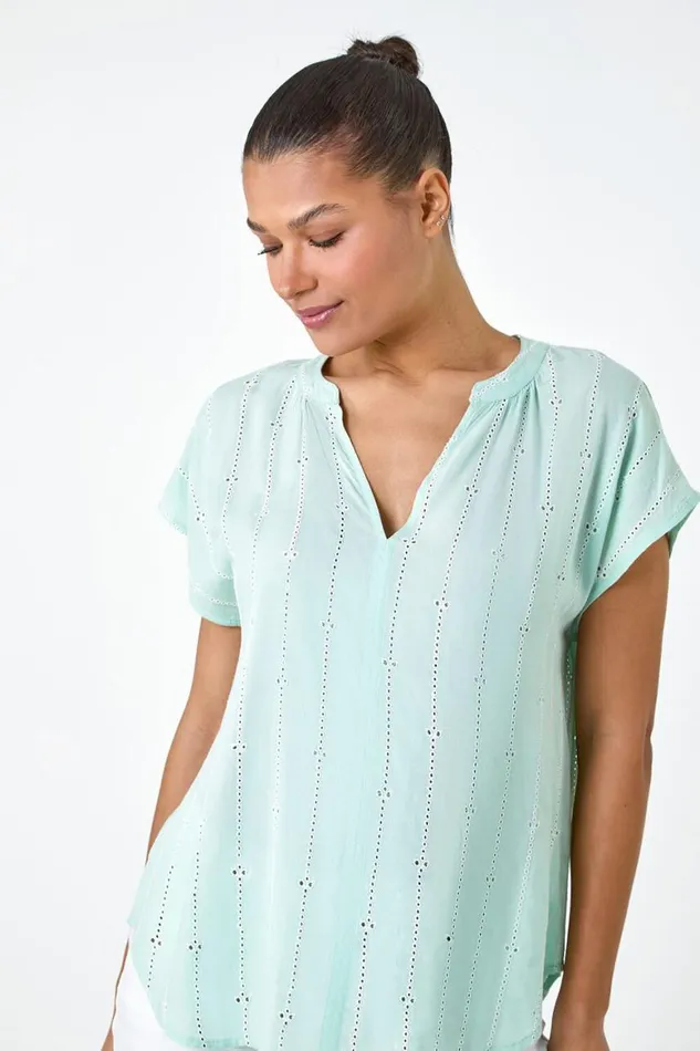 Women Mint Embroidered Stripe Notch Neck Top Roman Tops